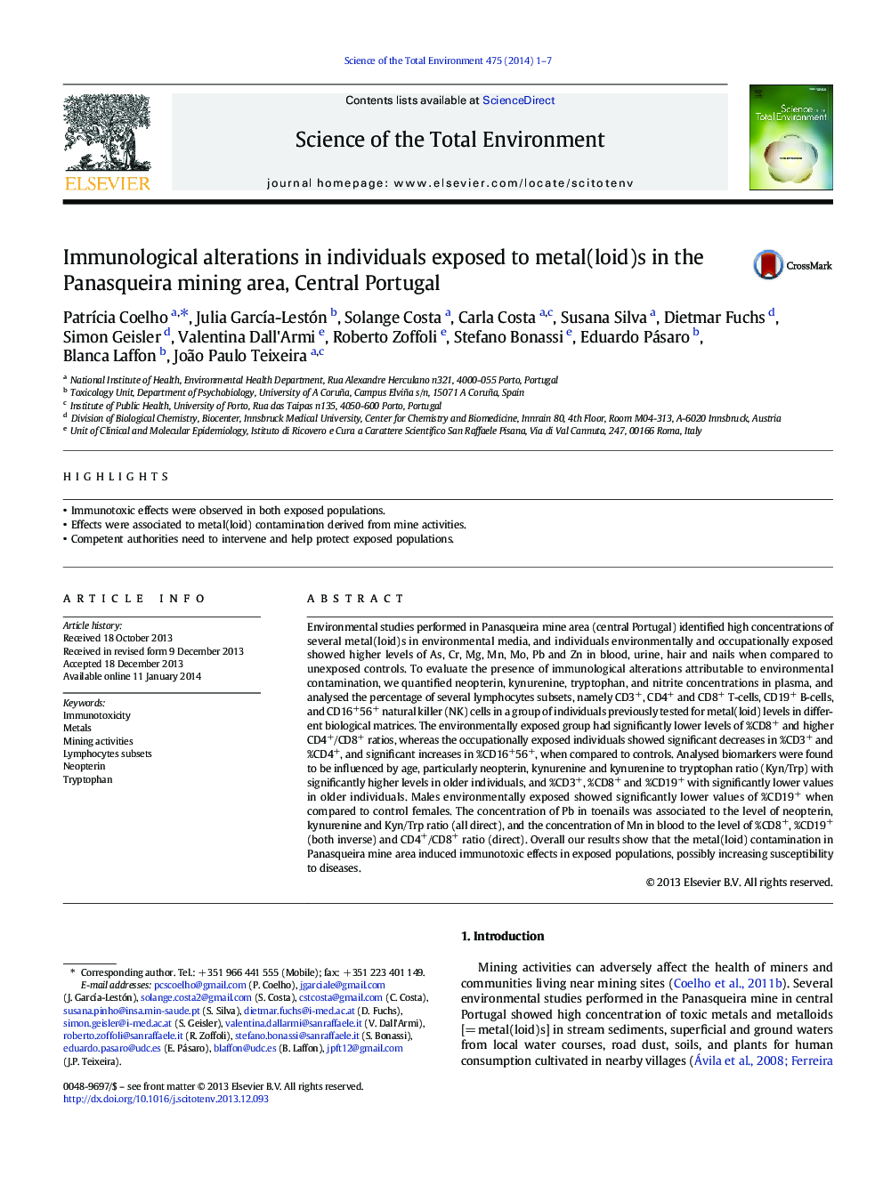 Immunological alterations in individuals exposed to metal(loid)s in the Panasqueira mining area, Central Portugal