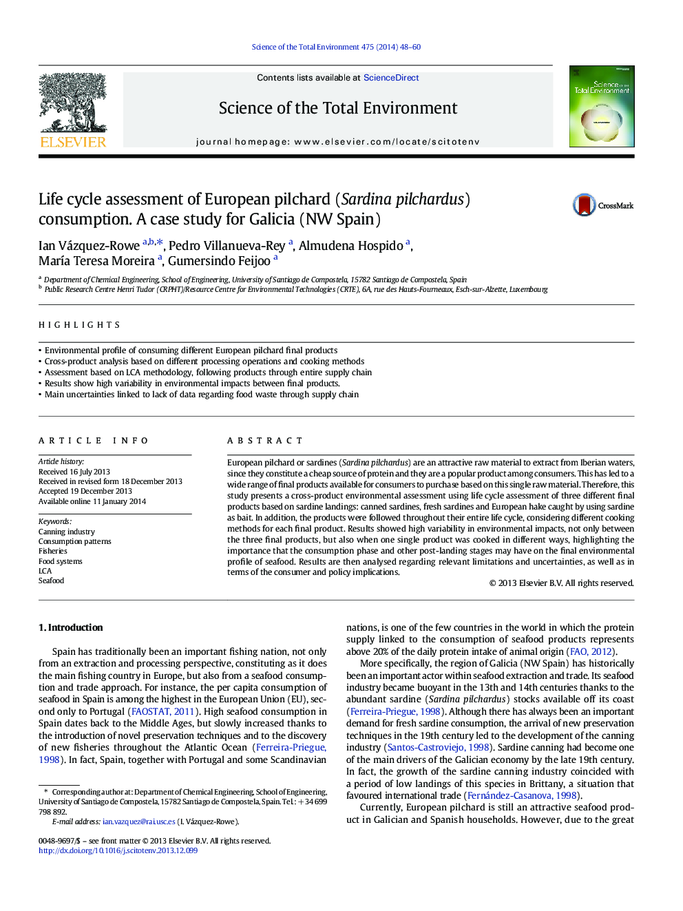 Life cycle assessment of European pilchard (Sardina pilchardus) consumption. A case study for Galicia (NW Spain)