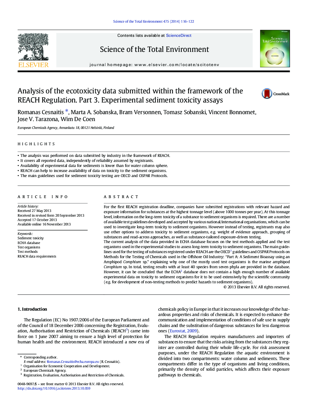 Analysis of the ecotoxicity data submitted within the framework of the REACH Regulation. Part 3. Experimental sediment toxicity assays