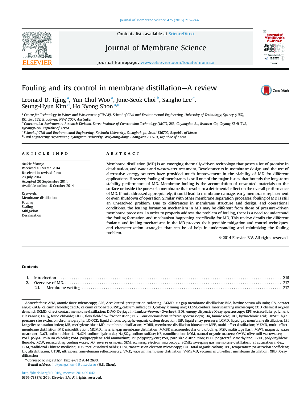 Fouling and its control in membrane distillation—A review