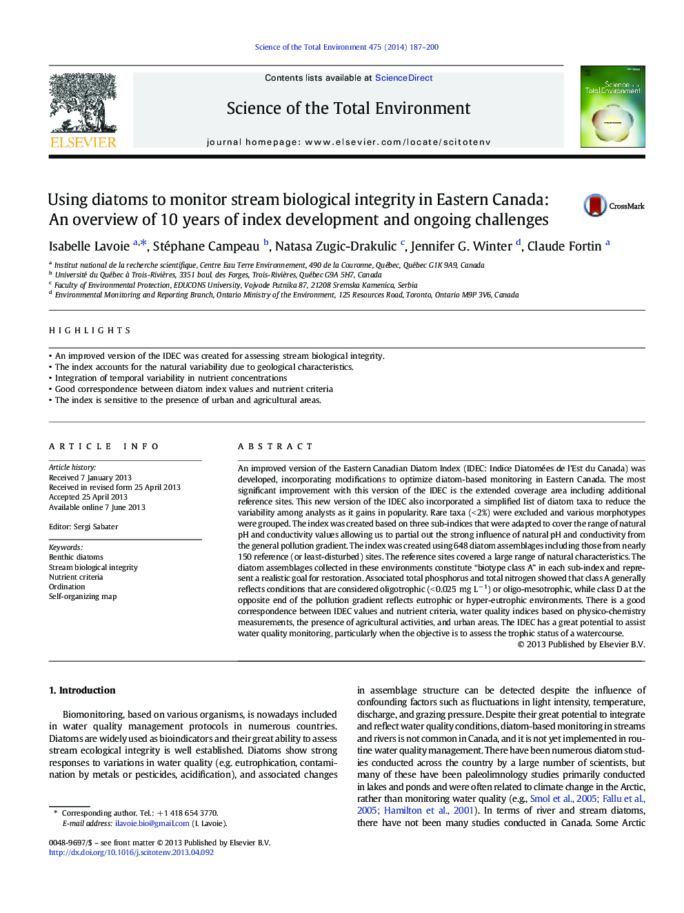 عکس صفحه اول مقاله: Using diatoms to monitor stream biological integrity in Eastern Canada: An overview of 10Â years of index development and ongoing challenges Using diatoms to monitor stream biological integrity in Eastern Canada: An overview of 10Â years of index development and ongoing challenges