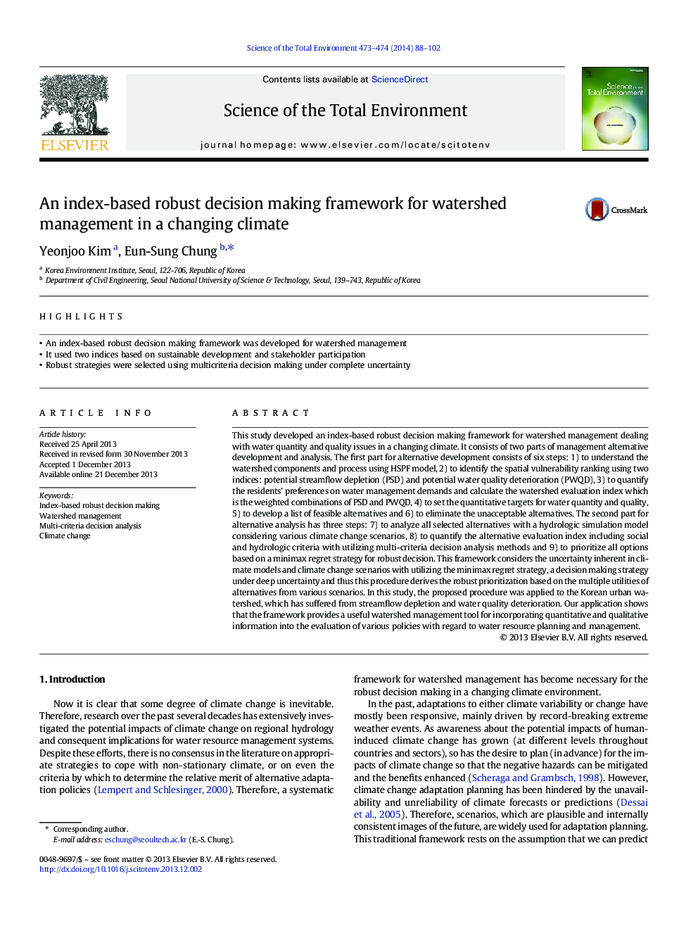 An index-based robust decision making framework for watershed management in a changing climate