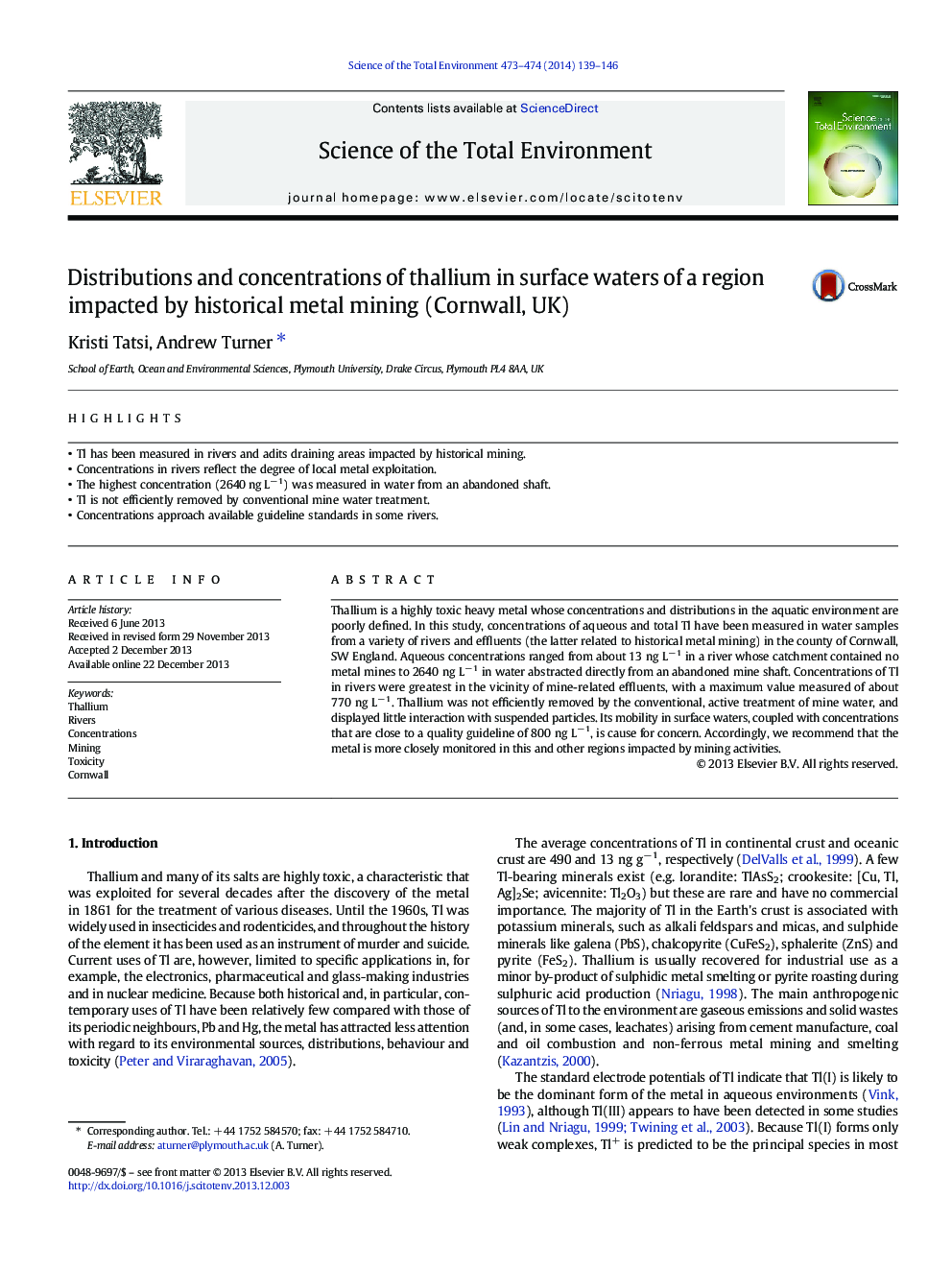 Distributions and concentrations of thallium in surface waters of a region impacted by historical metal mining (Cornwall, UK)