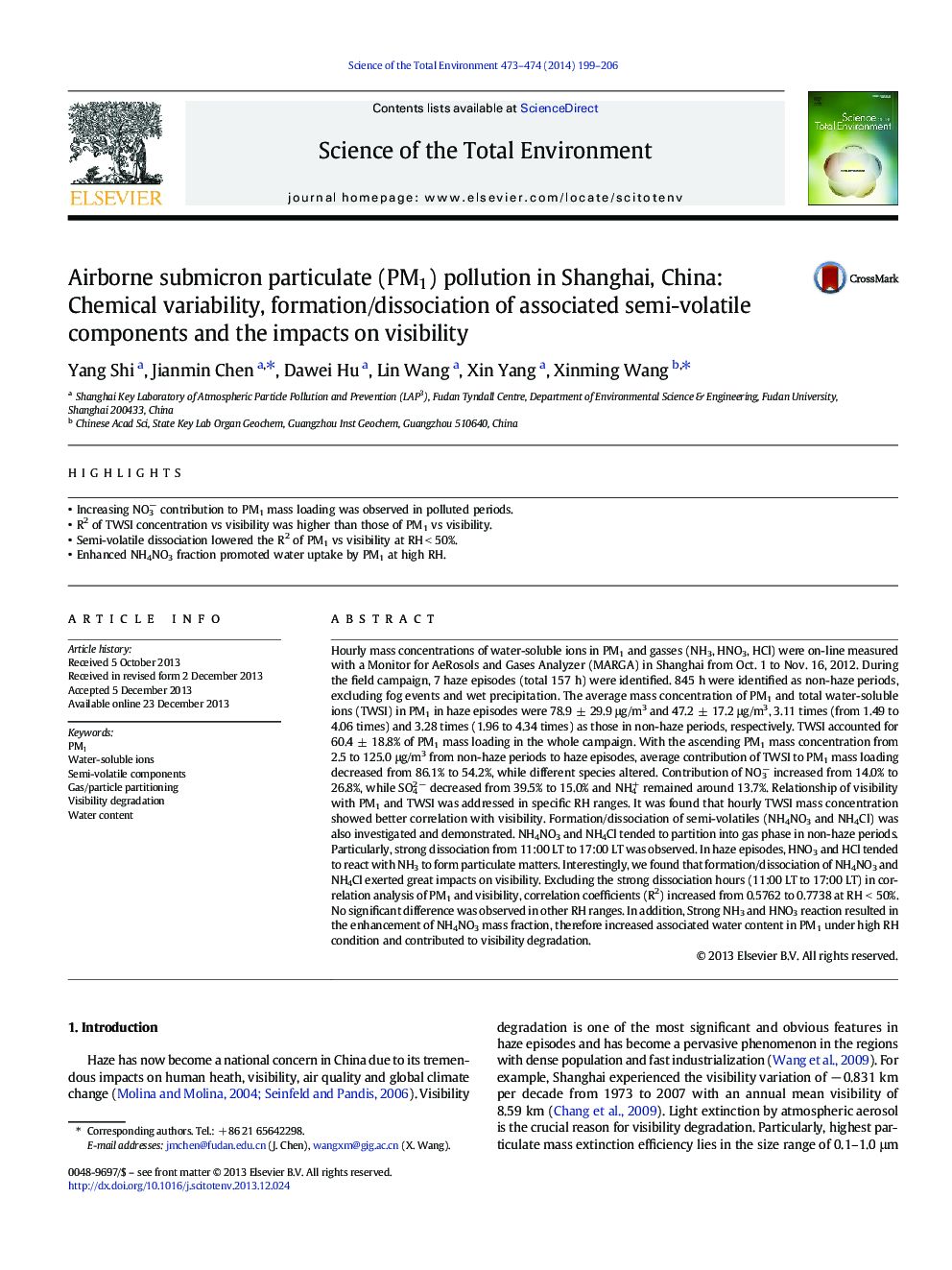 Airborne submicron particulate (PM1) pollution in Shanghai, China: Chemical variability, formation/dissociation of associated semi-volatile components and the impacts on visibility