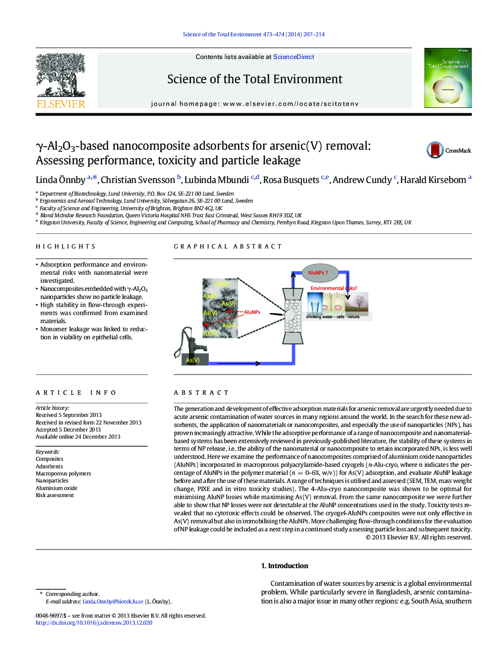 Î³-Al2O3-based nanocomposite adsorbents for arsenic(V) removal: Assessing performance, toxicity and particle leakage