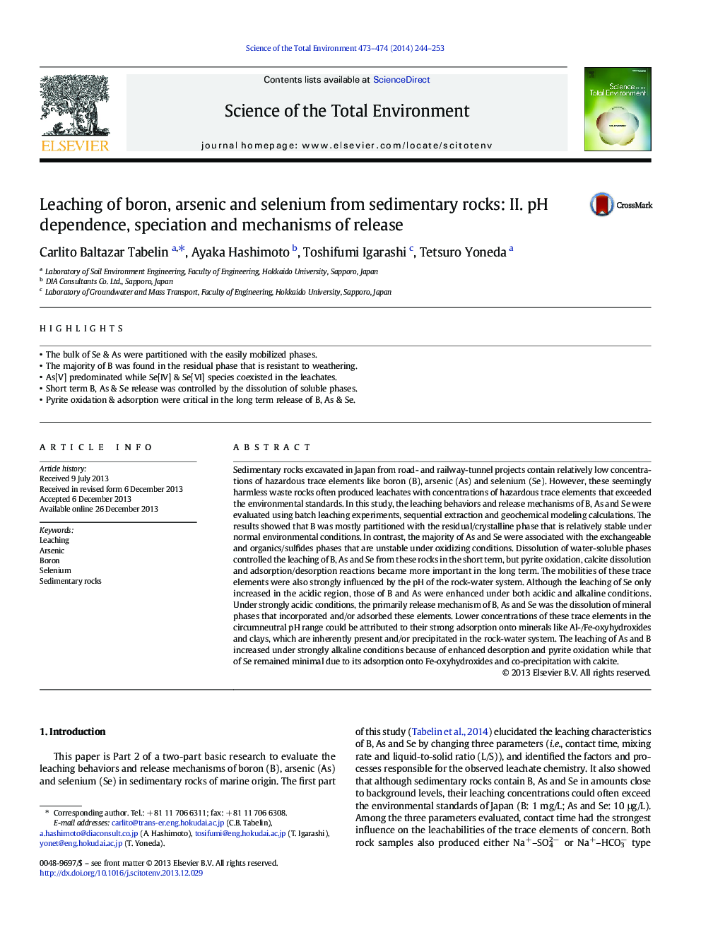 Leaching of boron, arsenic and selenium from sedimentary rocks: II. pH dependence, speciation and mechanisms of release