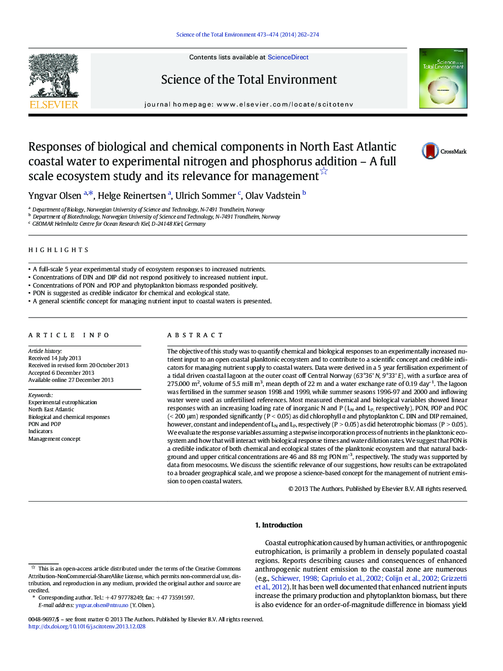 Responses of biological and chemical components in North East Atlantic coastal water to experimental nitrogen and phosphorus addition - A full scale ecosystem study and its relevance for management