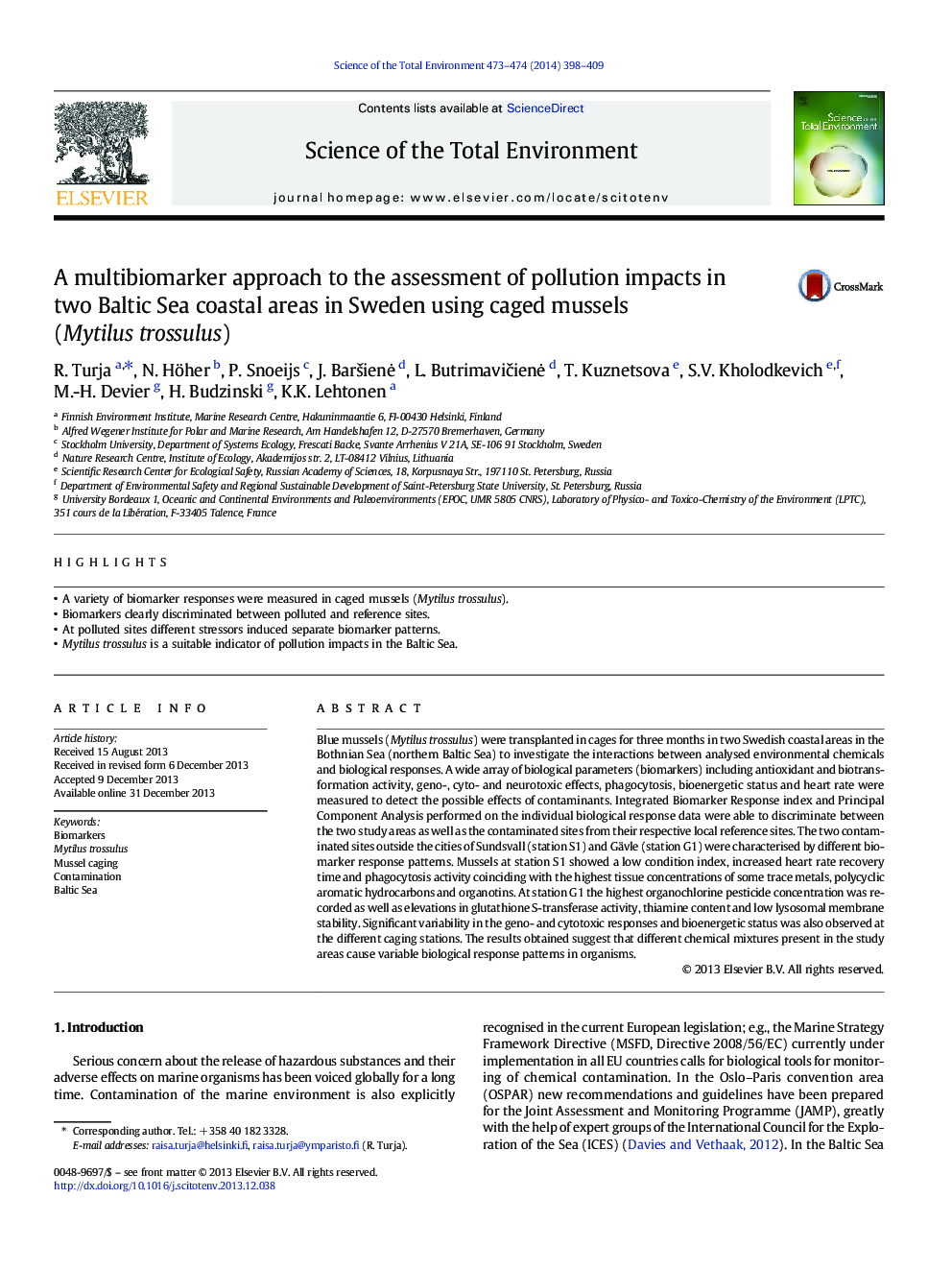 A multibiomarker approach to the assessment of pollution impacts in two Baltic Sea coastal areas in Sweden using caged mussels (Mytilus trossulus)