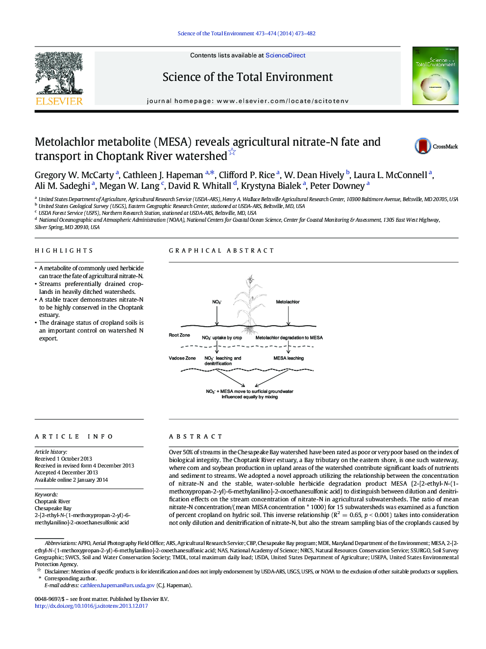 Metolachlor metabolite (MESA) reveals agricultural nitrate-N fate and transport in Choptank River watershed