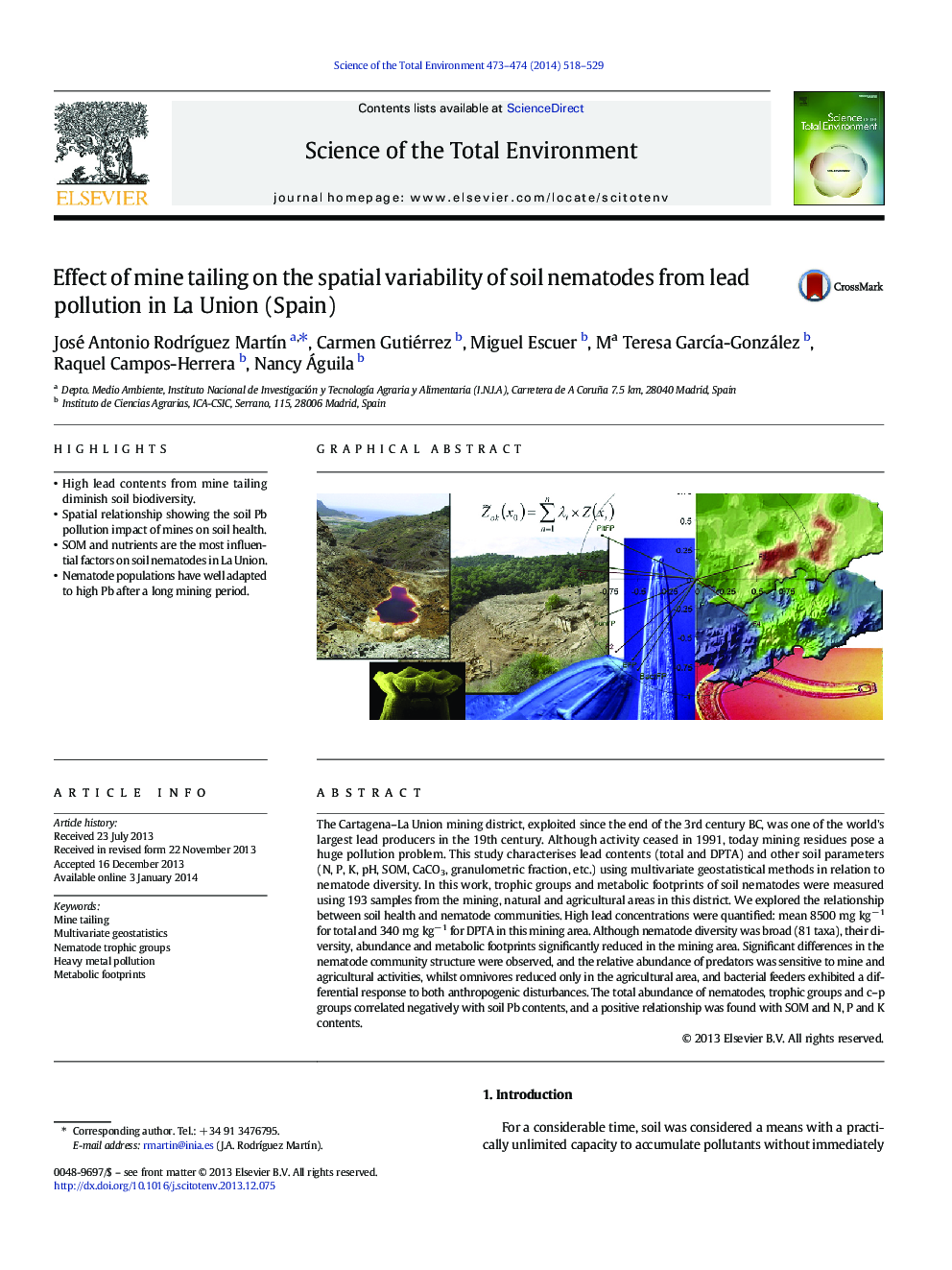 Effect of mine tailing on the spatial variability of soil nematodes from lead pollution in La Union (Spain)