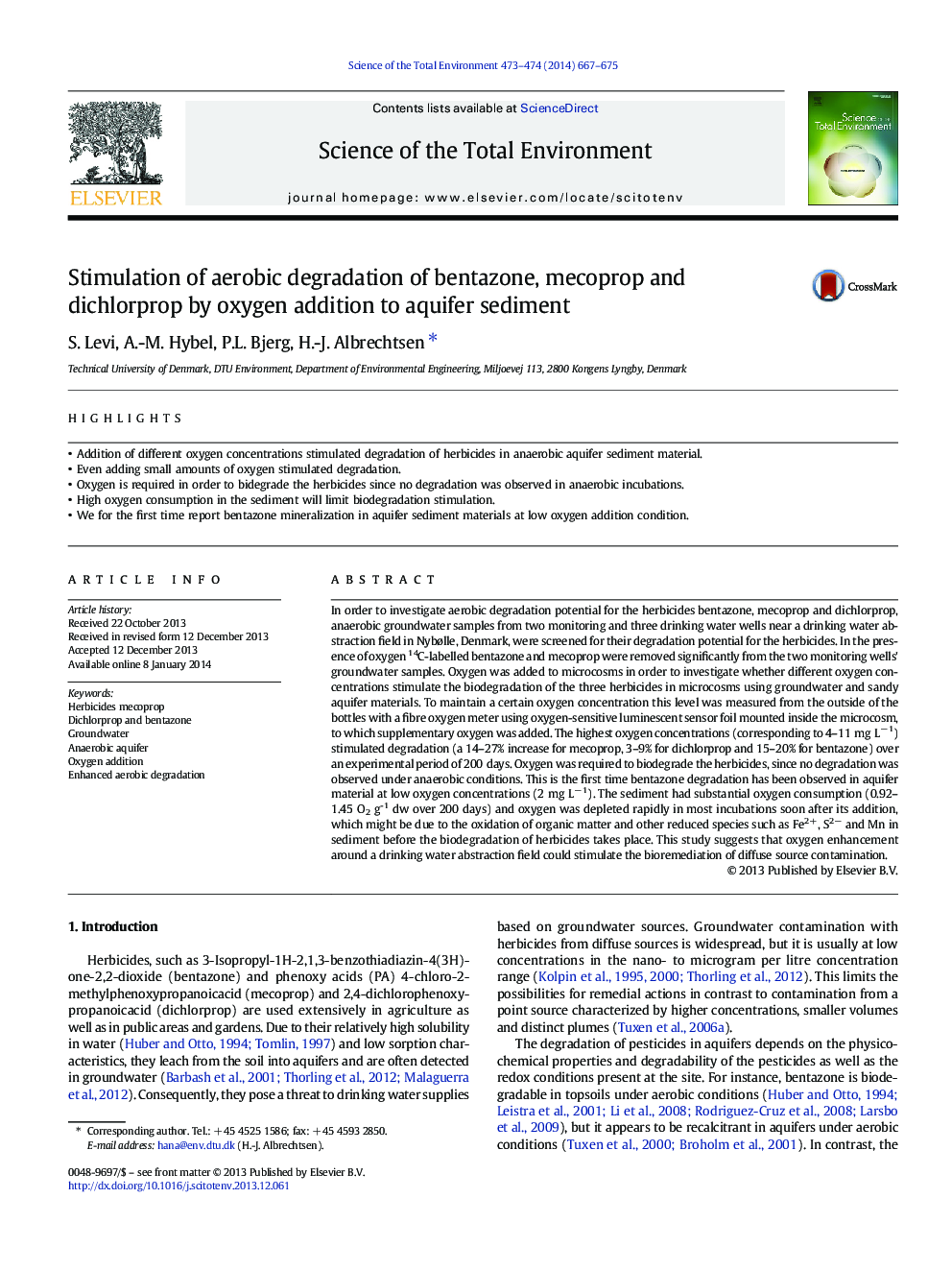 Stimulation of aerobic degradation of bentazone, mecoprop and dichlorprop by oxygen addition to aquifer sediment