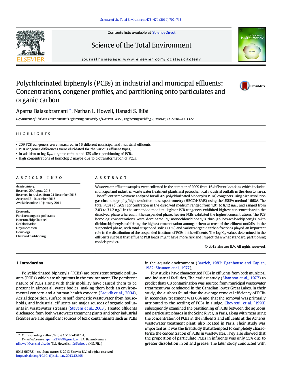 Polychlorinated biphenyls (PCBs) in industrial and municipal effluents: Concentrations, congener profiles, and partitioning onto particulates and organic carbon