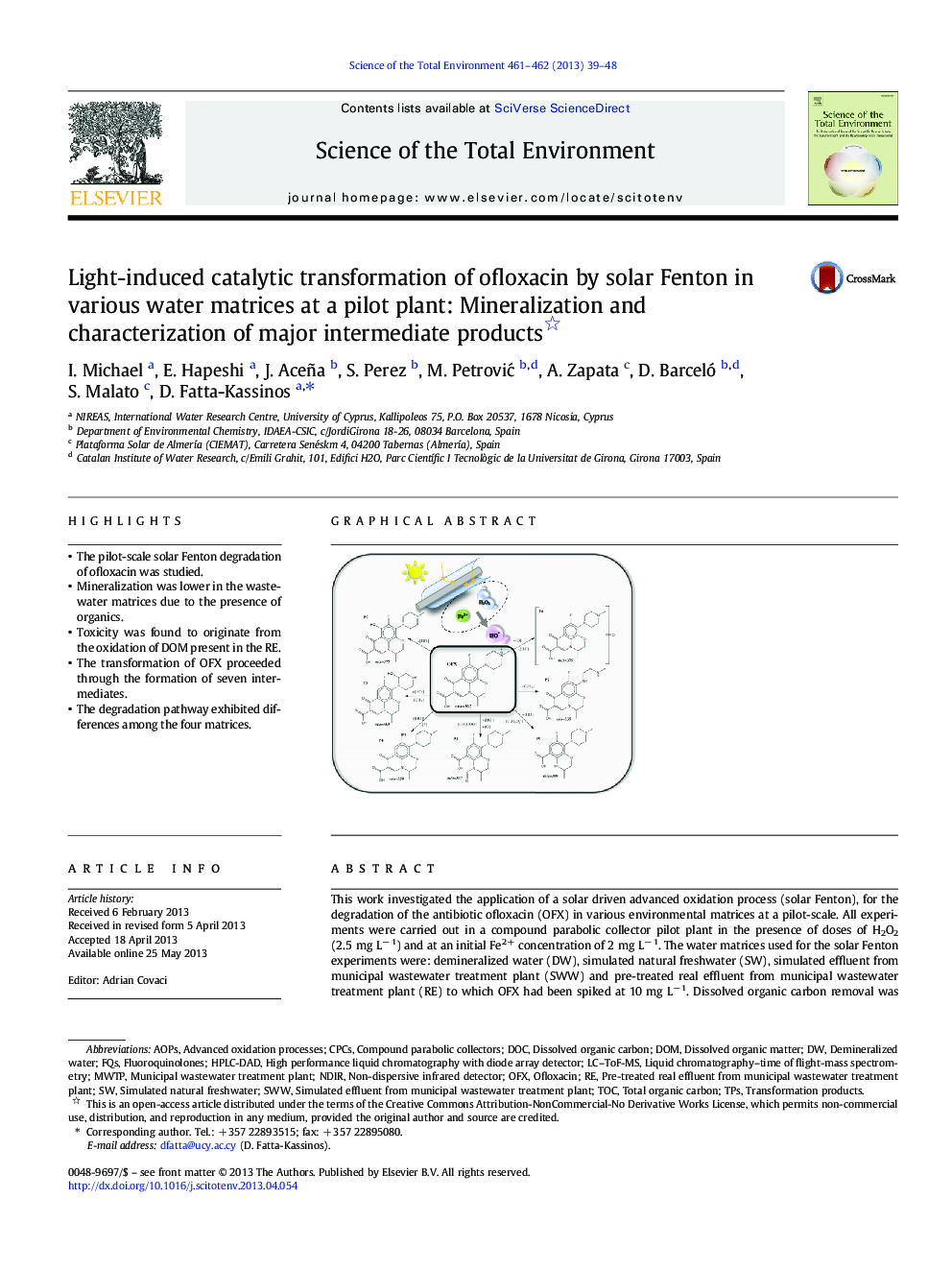 Light-induced catalytic transformation of ofloxacin by solar Fenton in various water matrices at a pilot plant: Mineralization and characterization of major intermediate products