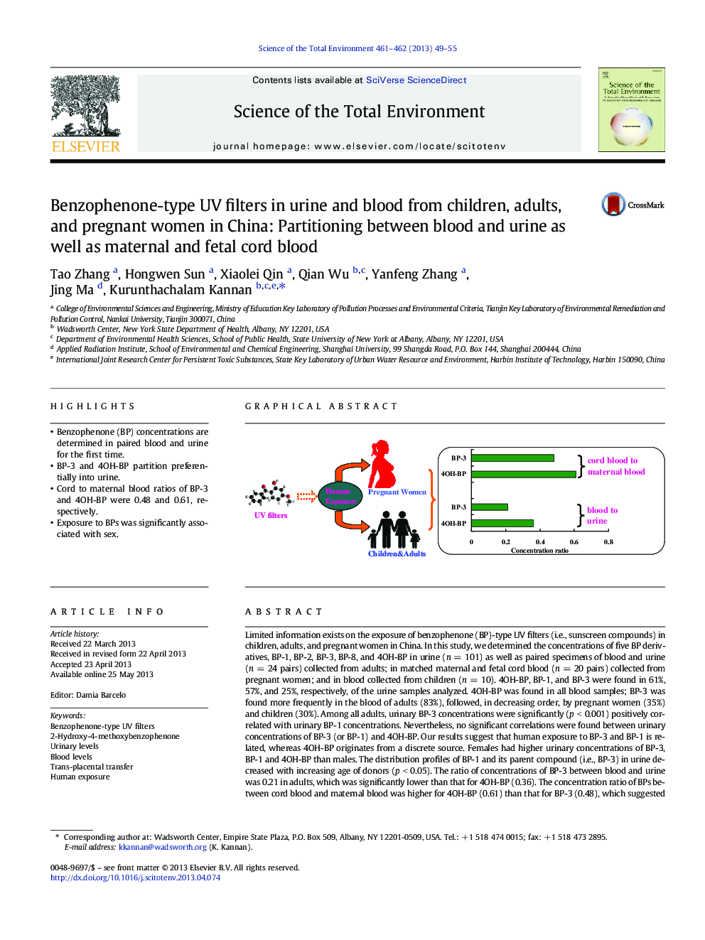 Benzophenone-type UV filters in urine and blood from children, adults, and pregnant women in China: Partitioning between blood and urine as well as maternal and fetal cord blood