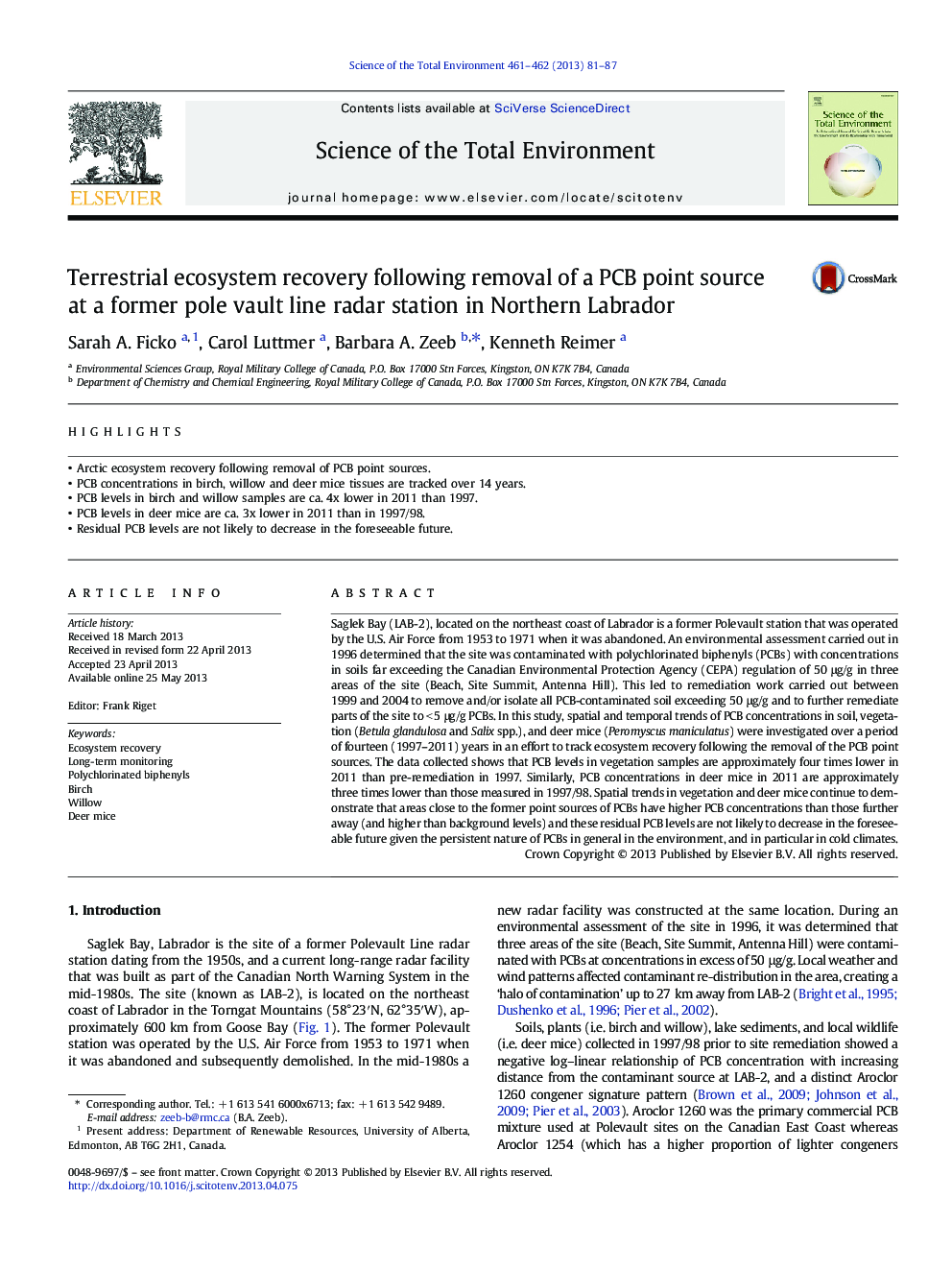 Terrestrial ecosystem recovery following removal of a PCB point source at a former pole vault line radar station in Northern Labrador