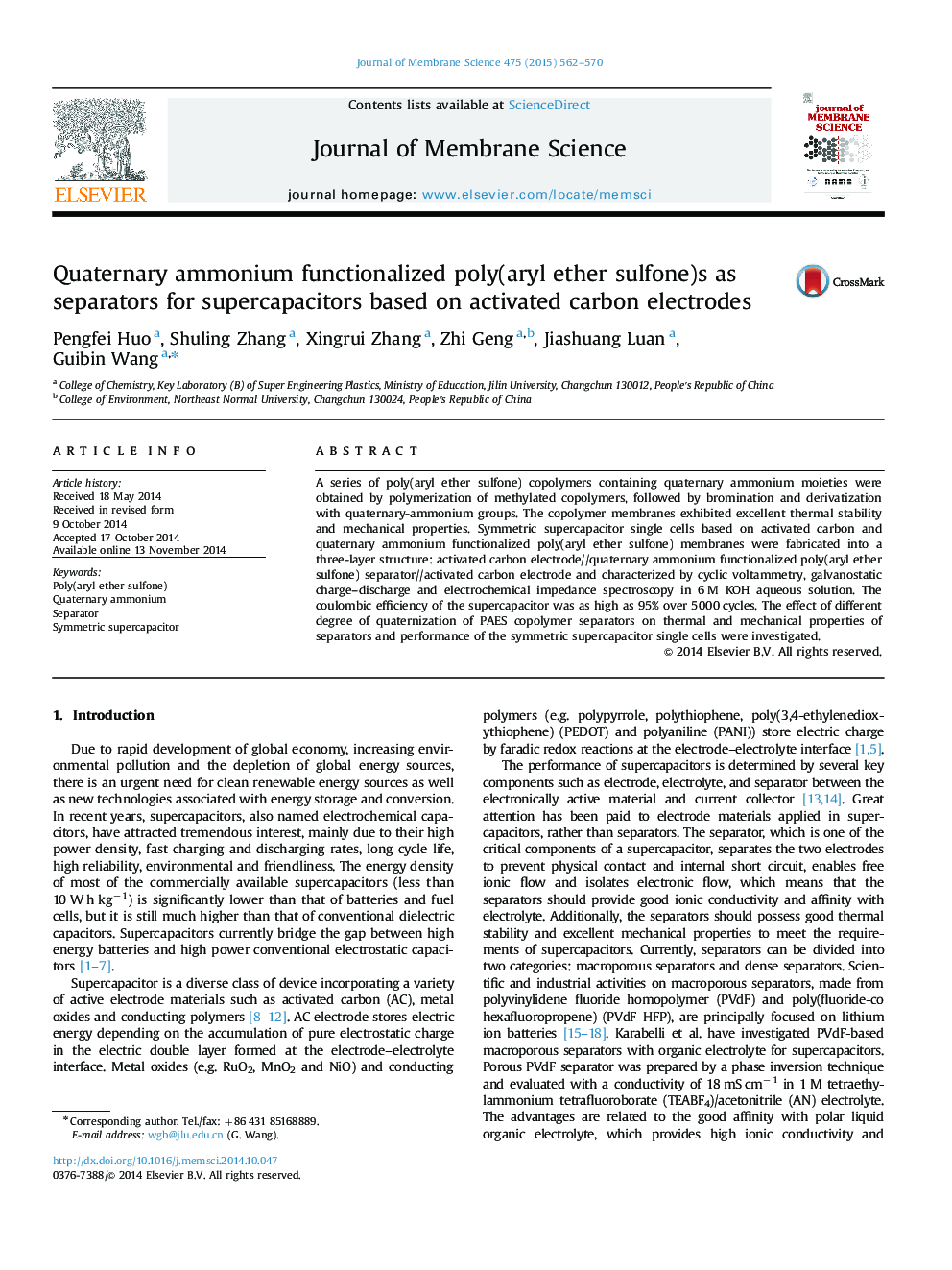 Quaternary ammonium functionalized poly(aryl ether sulfone)s as separators for supercapacitors based on activated carbon electrodes