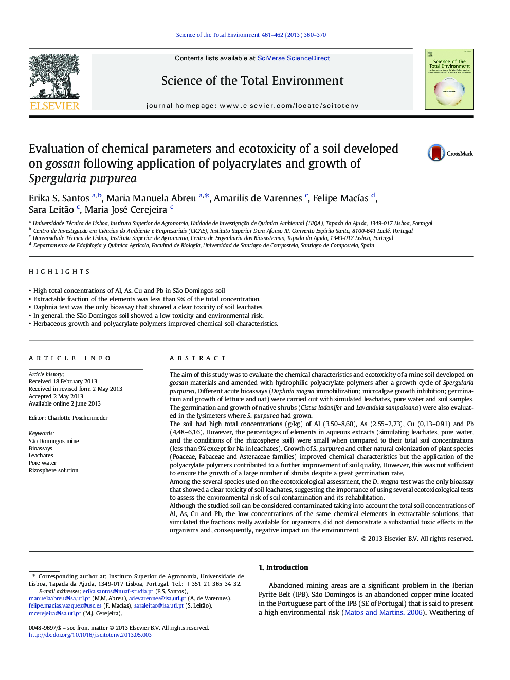 Evaluation of chemical parameters and ecotoxicity of a soil developed on gossan following application of polyacrylates and growth of Spergularia purpurea