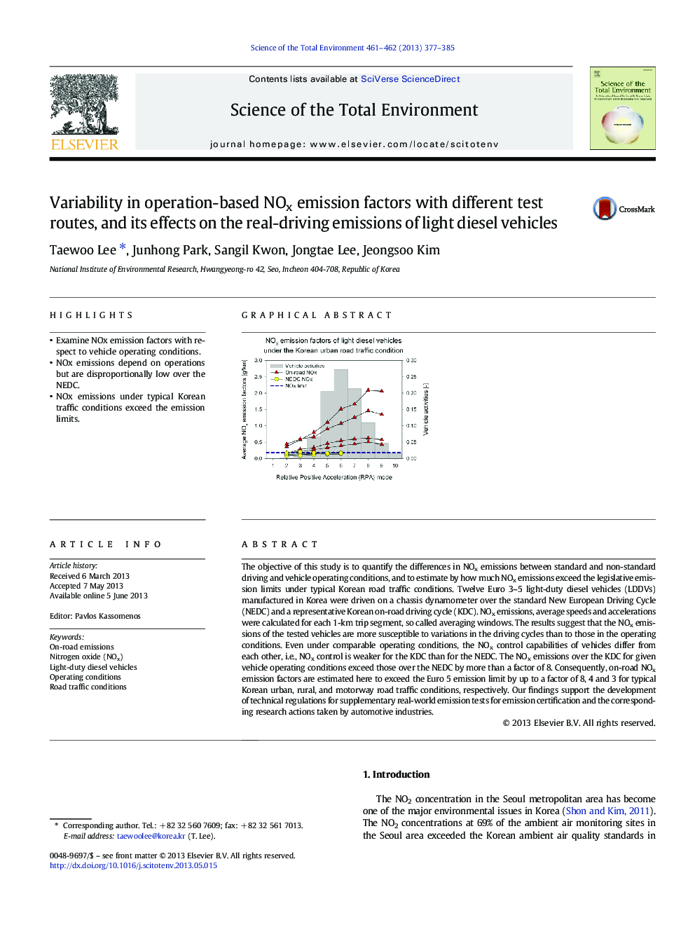 Variability in operation-based NOx emission factors with different test routes, and its effects on the real-driving emissions of light diesel vehicles