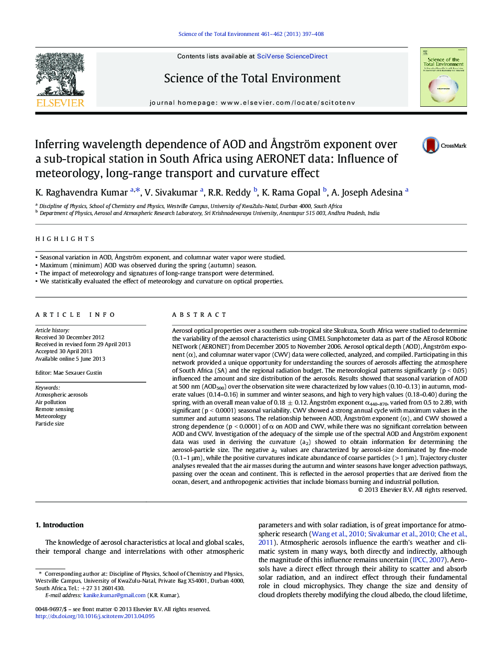 Inferring wavelength dependence of AOD and Ãngström exponent over a sub-tropical station in South Africa using AERONET data: Influence of meteorology, long-range transport and curvature effect