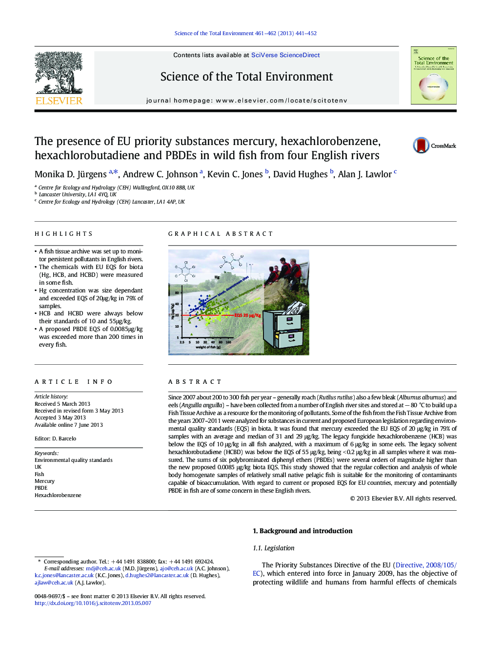 The presence of EU priority substances mercury, hexachlorobenzene, hexachlorobutadiene and PBDEs in wild fish from four English rivers