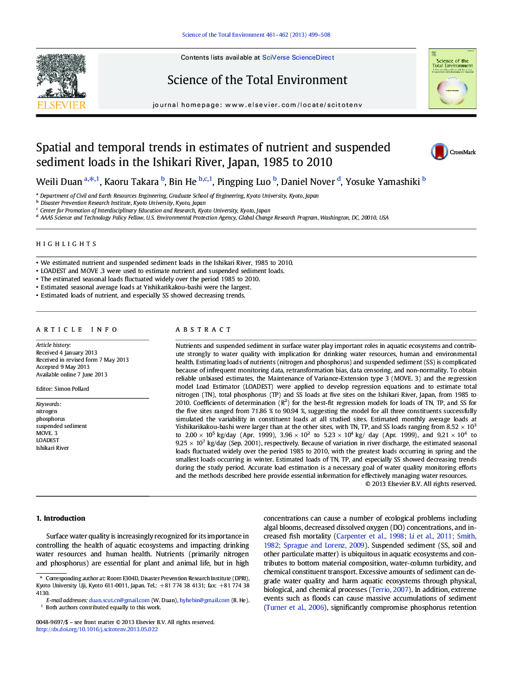 Spatial and temporal trends in estimates of nutrient and suspended sediment loads in the Ishikari River, Japan, 1985 to 2010