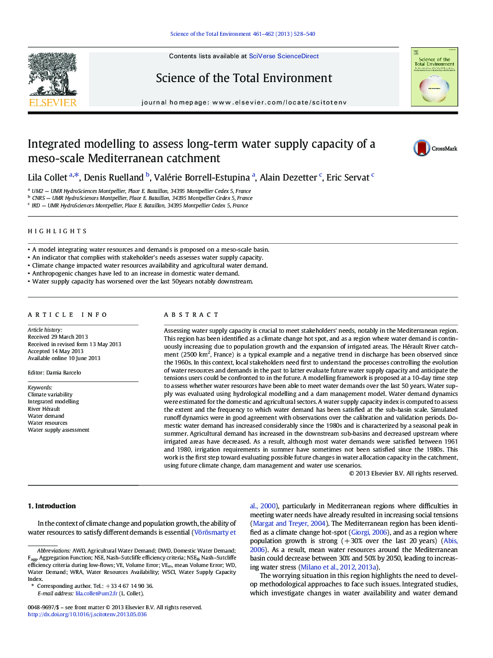 Integrated modelling to assess long-term water supply capacity of a meso-scale Mediterranean catchment