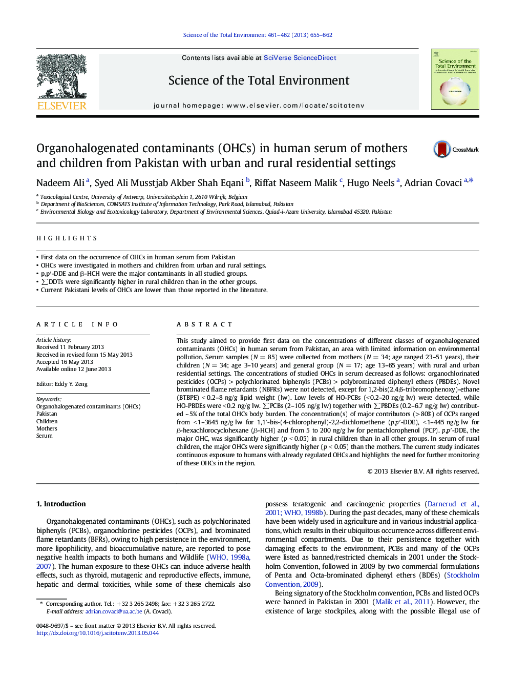 Organohalogenated contaminants (OHCs) in human serum of mothers and children from Pakistan with urban and rural residential settings