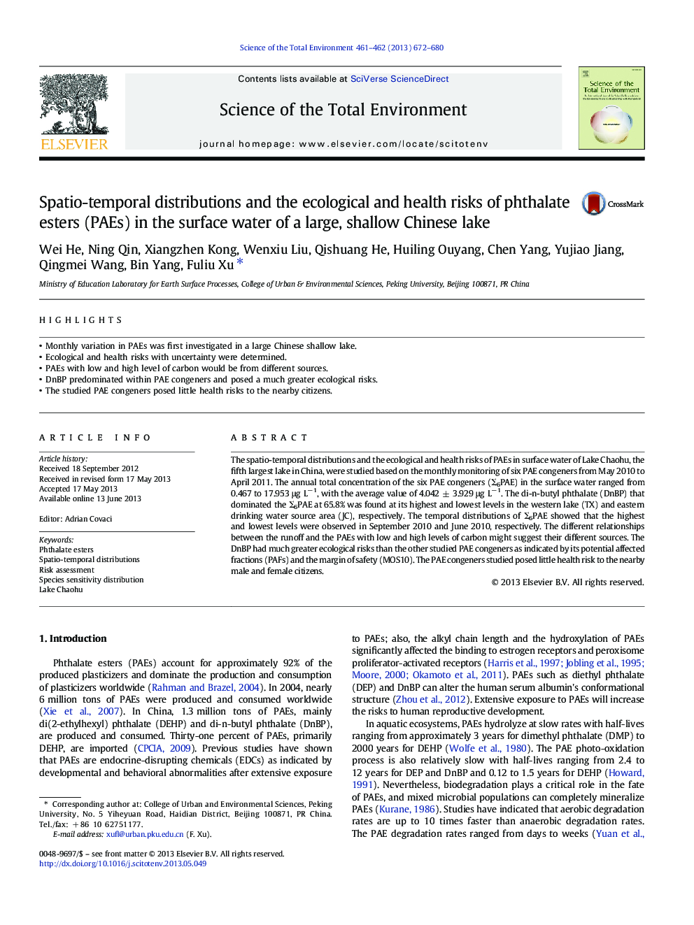 Spatio-temporal distributions and the ecological and health risks of phthalate esters (PAEs) in the surface water of a large, shallow Chinese lake