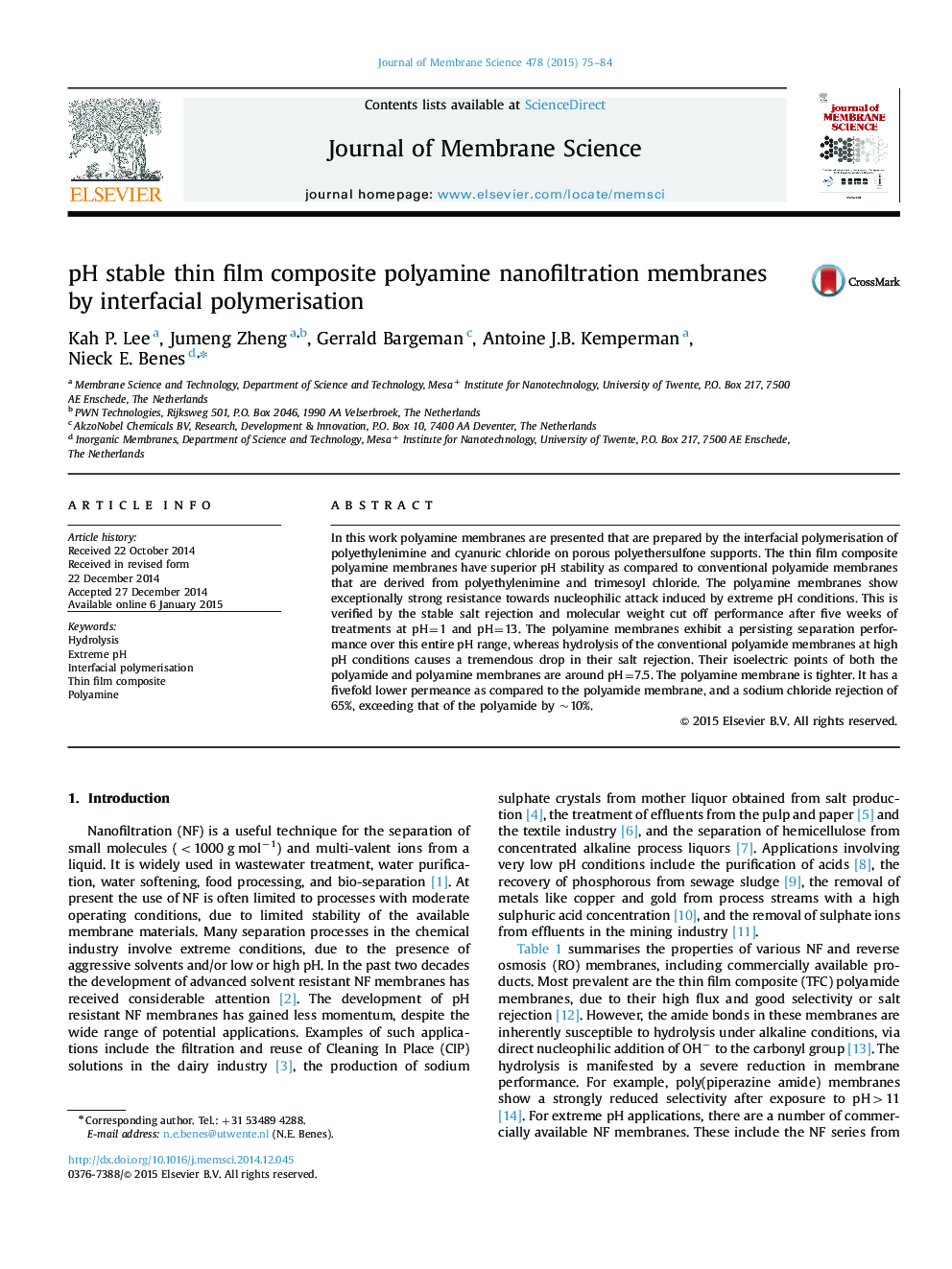 pH stable thin film composite polyamine nanofiltration membranes by interfacial polymerisation