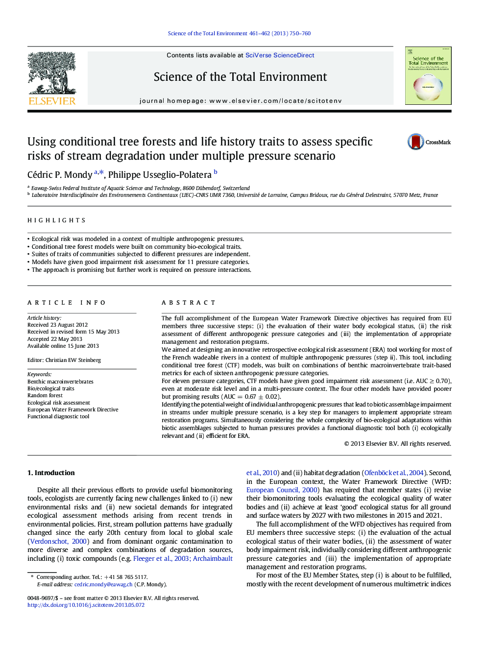 Using conditional tree forests and life history traits to assess specific risks of stream degradation under multiple pressure scenario