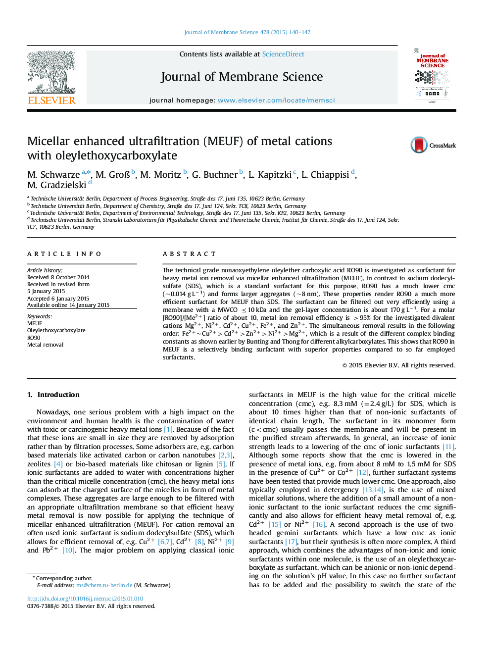 Micellar enhanced ultrafiltration (MEUF) of metal cations with oleylethoxycarboxylate