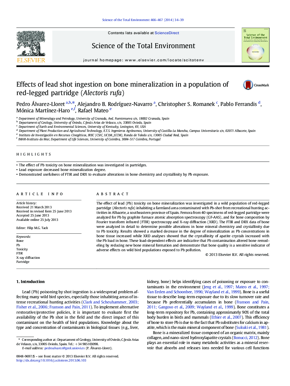 Effects of lead shot ingestion on bone mineralization in a population of red-legged partridge (Alectoris rufa)