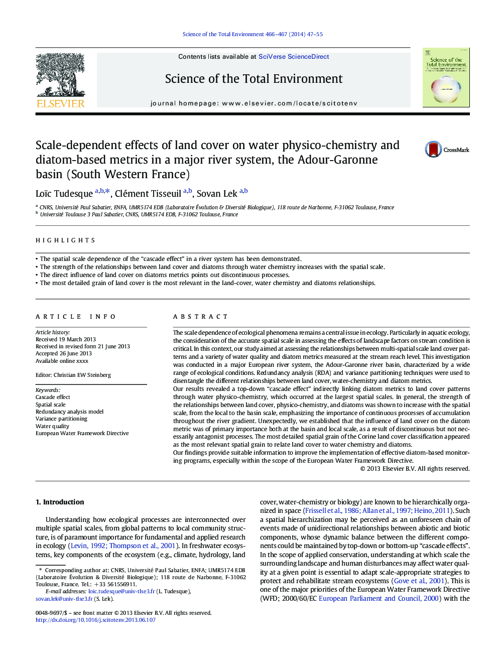 Scale-dependent effects of land cover on water physico-chemistry and diatom-based metrics in a major river system, the Adour-Garonne basin (South Western France)