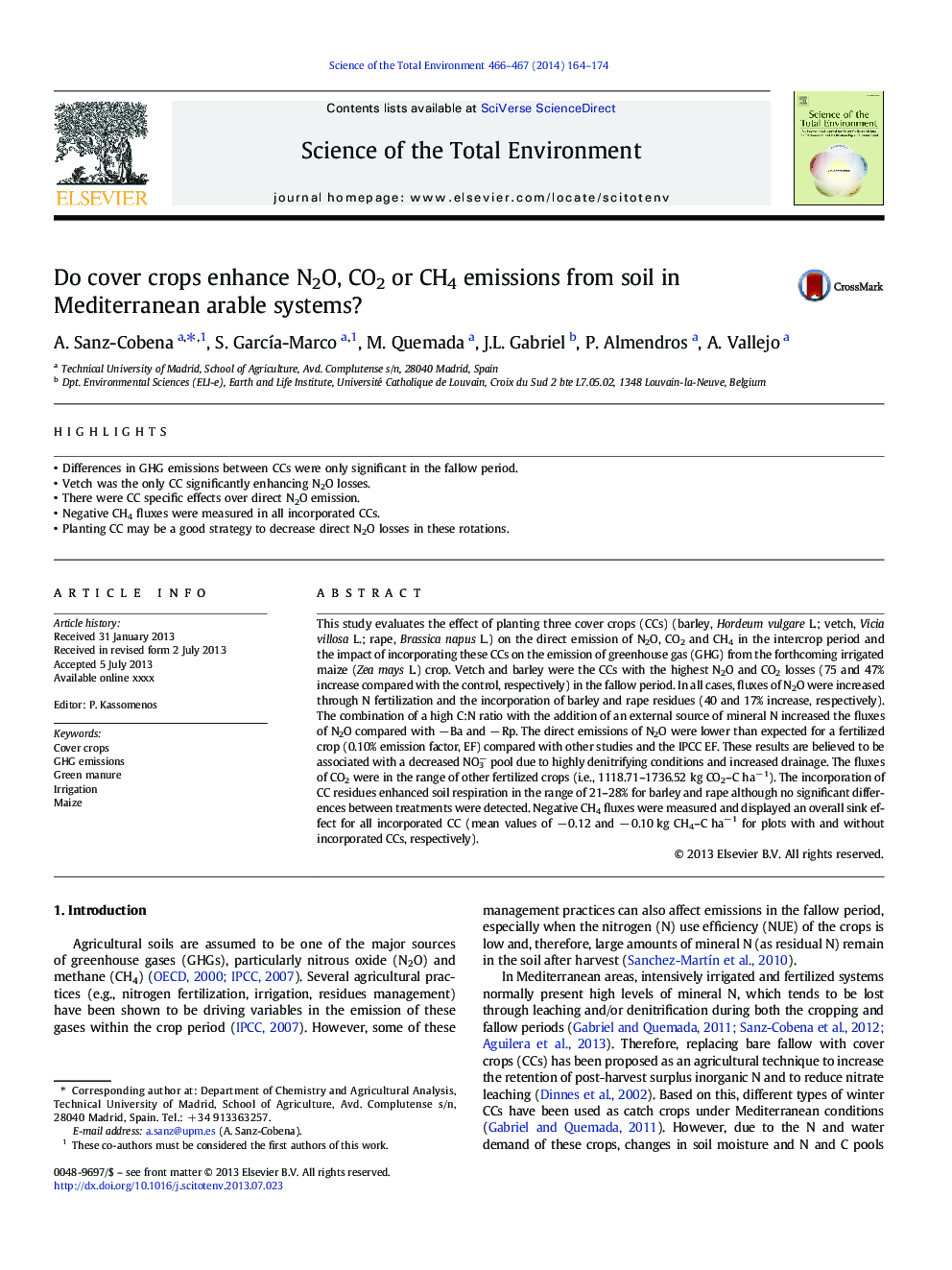 Do cover crops enhance N2O, CO2 or CH4 emissions from soil in Mediterranean arable systems?