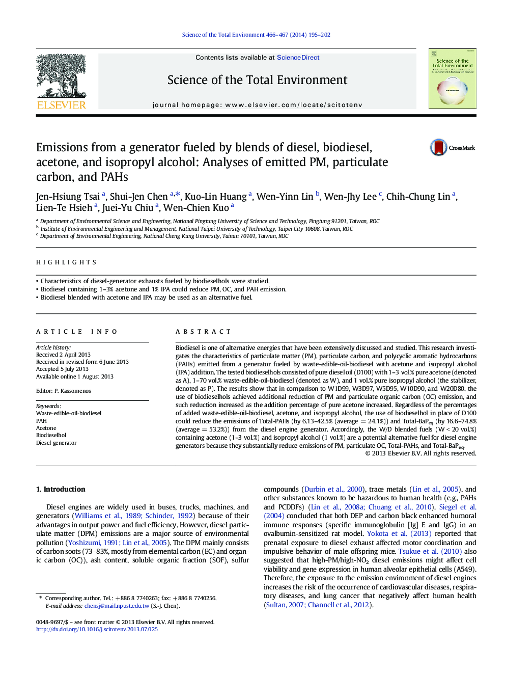 Emissions from a generator fueled by blends of diesel, biodiesel, acetone, and isopropyl alcohol: Analyses of emitted PM, particulate carbon, and PAHs