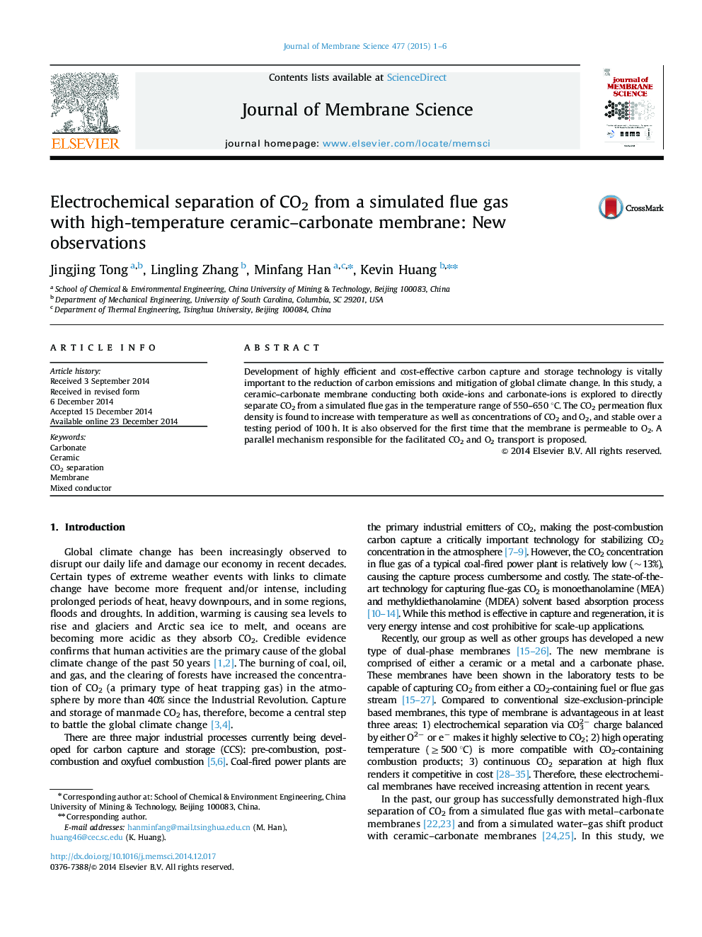 Electrochemical separation of CO2 from a simulated flue gas with high-temperature ceramic–carbonate membrane: New observations