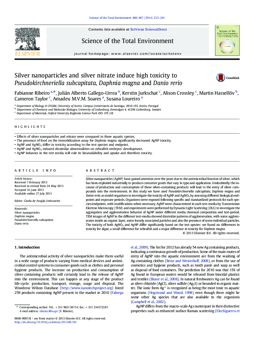 Silver nanoparticles and silver nitrate induce high toxicity to Pseudokirchneriella subcapitata, Daphnia magna and Danio rerio