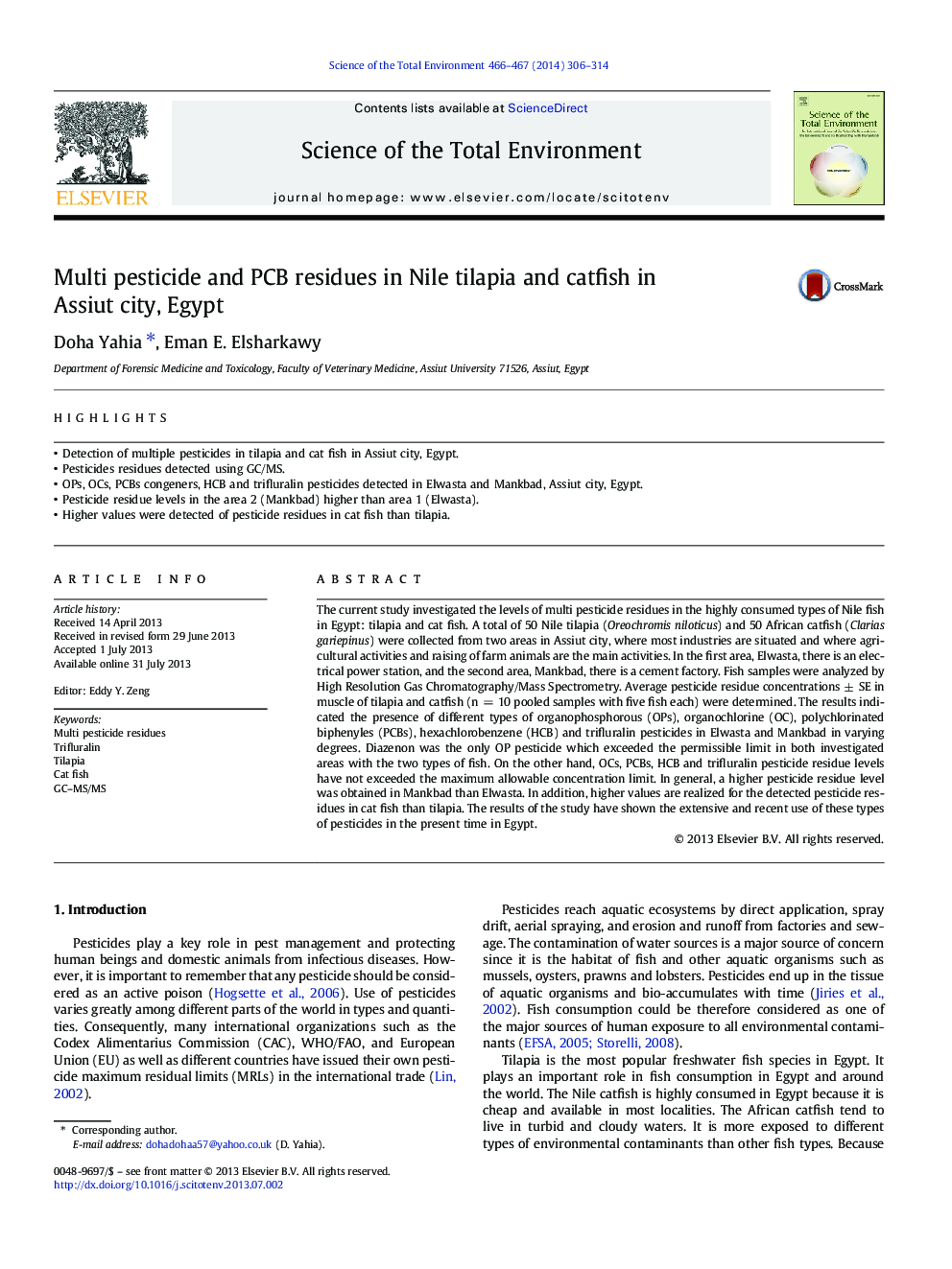 Multi pesticide and PCB residues in Nile tilapia and catfish in Assiut city, Egypt