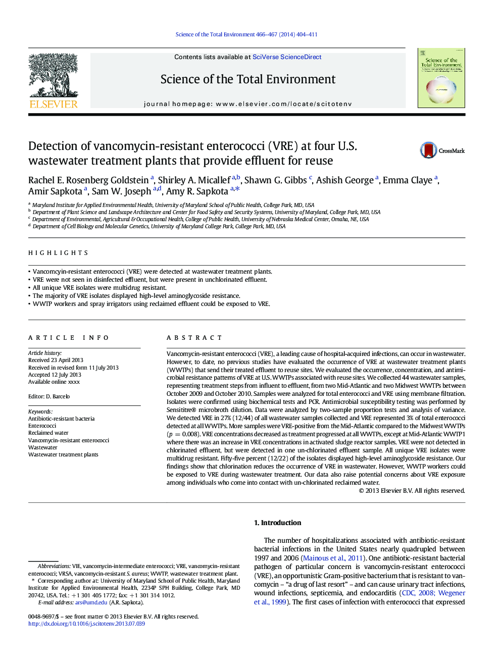 Detection of vancomycin-resistant enterococci (VRE) at four U.S. wastewater treatment plants that provide effluent for reuse