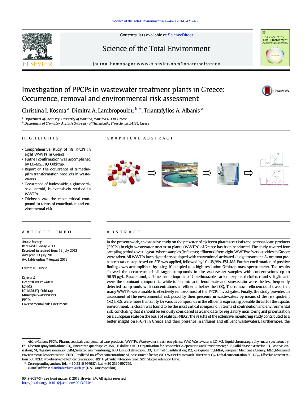 Investigation of PPCPs in wastewater treatment plants in Greece: Occurrence, removal and environmental risk assessment