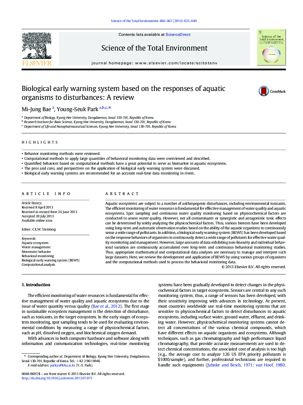 Biological early warning system based on the responses of aquatic organisms to disturbances: A review