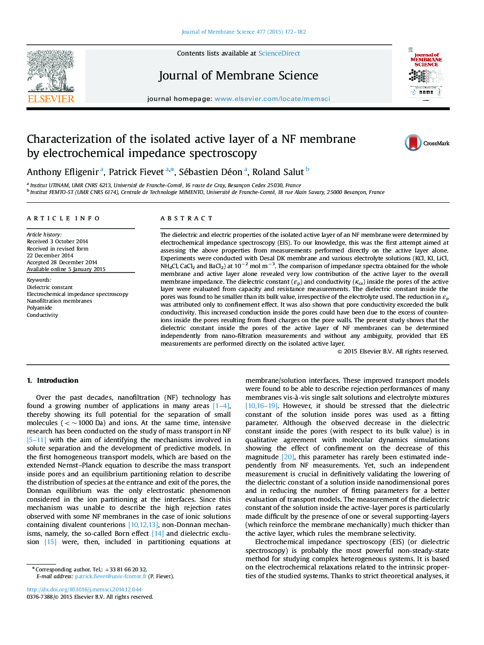 Characterization of the isolated active layer of a NF membrane by electrochemical impedance spectroscopy