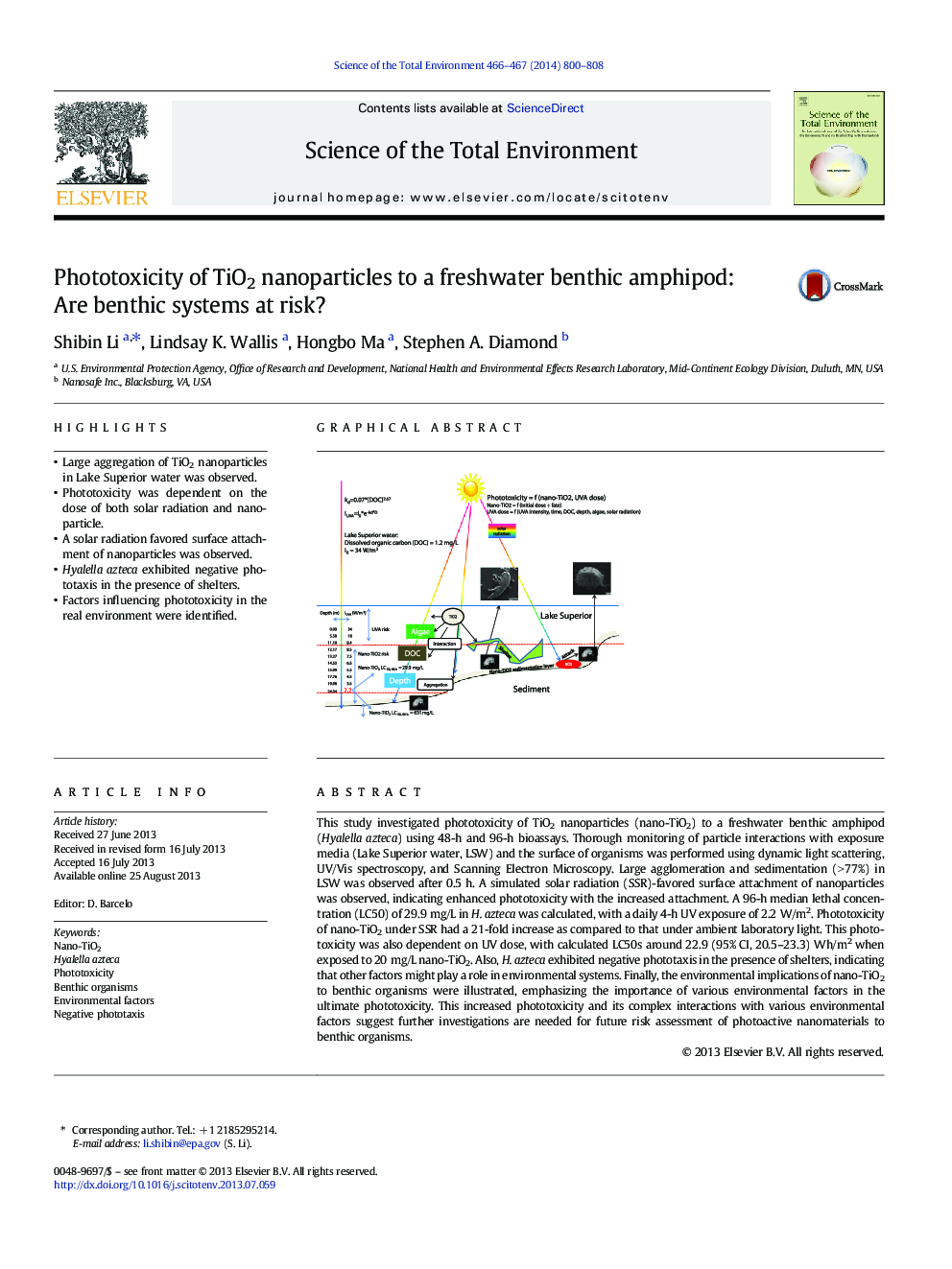 Phototoxicity of TiO2 nanoparticles to a freshwater benthic amphipod: Are benthic systems at risk?