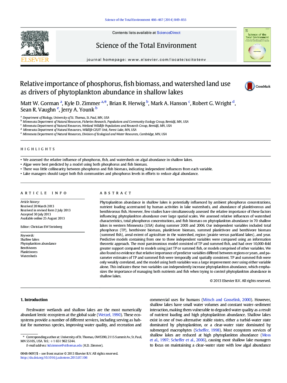 Relative importance of phosphorus, fish biomass, and watershed land use as drivers of phytoplankton abundance in shallow lakes