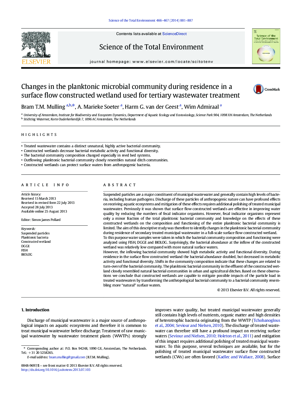 Changes in the planktonic microbial community during residence in a surface flow constructed wetland used for tertiary wastewater treatment