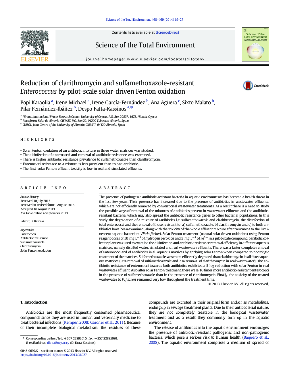 Reduction of clarithromycin and sulfamethoxazole-resistant Enterococcus by pilot-scale solar-driven Fenton oxidation