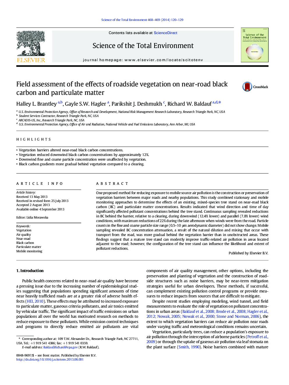 Field assessment of the effects of roadside vegetation on near-road black carbon and particulate matter