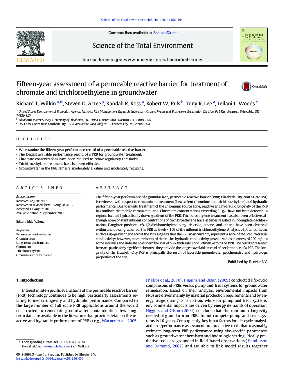 Fifteen-year assessment of a permeable reactive barrier for treatment of chromate and trichloroethylene in groundwater