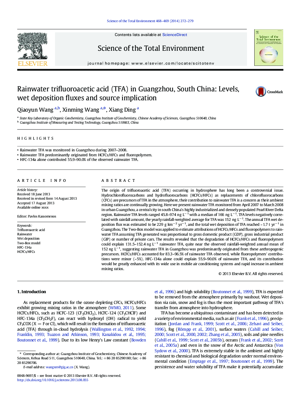 Rainwater trifluoroacetic acid (TFA) in Guangzhou, South China: Levels, wet deposition fluxes and source implication