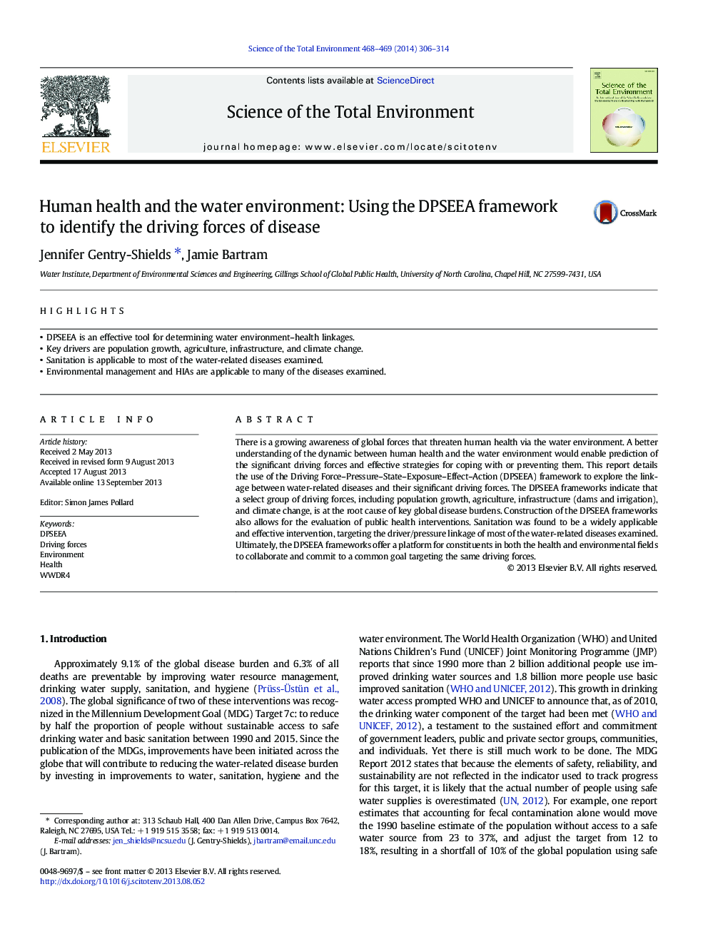 Human health and the water environment: Using the DPSEEA framework to identify the driving forces of disease